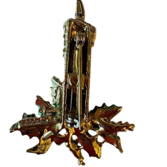 Vintage Candle Brooch Pin With Enamel Holly & Gold-Tone Finish - Picture 5 of 6